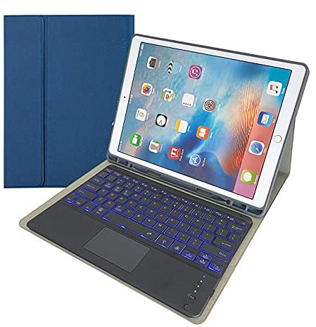 HaoHZ Funda Teclado para iPad Pro 12.9 2015/2017 (1.A / 2.A Generación), (Incluye Letra Ñ) Teclado Retroiluminado En 7 Colores con Panel Táctil, Funda De Cuero PU con Portalápices,Azul