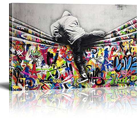 Druck auf leinwand Bilder Banksy New World Graffiti Wand Bild Street Pop Art Gemälde Kunstdruck Modern Wandbilder XXL Wanddekoration (Mit Rahmen, 140x80cm)