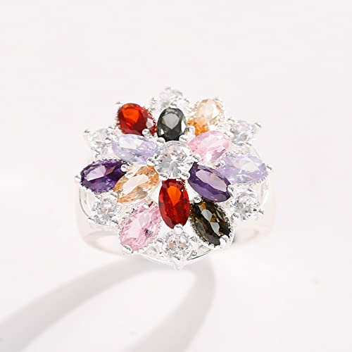 PAIHUIART Ring Ringe Damen Bijouterie Frauen Schmuck Damenring Eheringe Trendy Bunte Kristall Blume Ringe Für Frauen Mode Einfache Modeschmuck Jahrestag Party Ring Zubehör 6 Silber