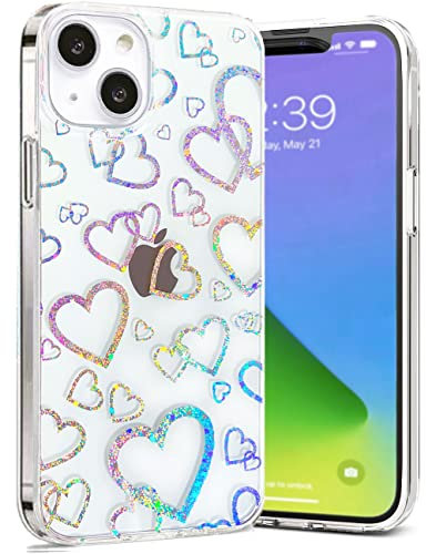 Efitoo Compatible with iPhone 13 Case Glitter Clear with Design Laser Holographic Rainbow 3D Heart Love Sparkle Cute Bling Hard PC & TPU Shockproof Protective Phone Cover Women Girls for 13 6.1