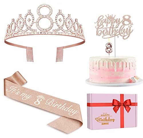 8th Birthday Decorations for Girl Including Sash, Crown, Numeral Candle and Cake Topper, 8 Year Old Girls Party Favor Supplies
