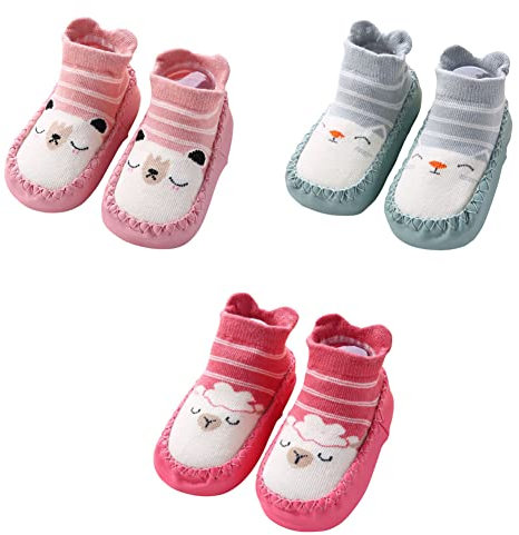 FedMois 3 Paia Calzini Scarpe Antiscivolo Calze a Pantofola Cotone Neonati Bimbi, Rosa, Rosso e Verde, 18-24 mesi