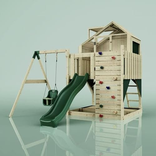 Rebo® PolarPlay Kids Climbing Tower and Playhouse - Swing Eerika Green | OutdoorToys | Wooden Climbing Frame and Wendy House with Climbing Wall, Slide and Sandpit