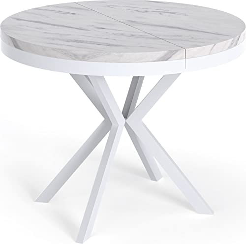 WFL GROUP Runder Ausziehbarer Esstisch in Weißer Marmoroptik - Loft Style Tisch mit Weißen Metallbeinen - 90 bis 170 cm - Industrieller Tisch für Wohnzimmer - Kompakt - 90 cm - Marmor Weiß