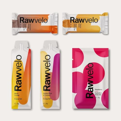 Rawvelo Sample Box, Trial Pack with 2 Energy Bars + 2 Running Gels + 1 Hydration Drink Mix - Vegan, Natural, Wheat, Gluten Free -Cycling, Running- Natural Sugars, Plant-based Sports Nutrition