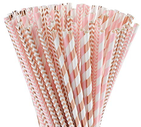 ALINK Lot de 100 pailles en papier, rose/or rose, 4 styles, sans plastique, pour fête de mariage, anniversaire, accessoires de fête