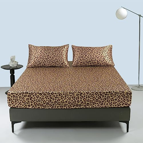 Damier Satin Spannbettlaken 160x200cm Gold Leopardenmuster Seide Glänzend Spannbetttuch Hochwertiges Satin Deluxe Bettlaken, geeignet für Matratzen bis 25cm