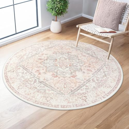 LIVEBOX Rosafarbener runder Teppich, 122 cm, maschinenwaschbar, runder Teppich für Wohnzimmer, fusselfrei, Vintage-Teppich, Schlafzimmer, niedriger Flor, Blumenmuster, rund, für Mädchenzimmer,