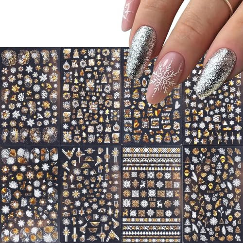 Nagelsticker Weihnachten, 8 Blätter Selbstklebende Nagelaufkleber, 3D Golden Silbrig Schneeflocken Rentier Weihnachtsbaum Nail Art Sticker Dekoration Nageldesign Zubehör