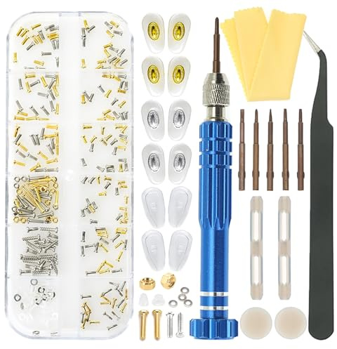 ESSSO Eye Glass Repairing Kit,Upgraded Eyeglass Repair Kit with Screws(Gold and Silver)，5-in-1 Eyeglass Screwdriver,Eyeglass Nose Pads,Eyeglass Ear Grips,Tweezer for Sunglasses,Eyeglass,Watch Repair