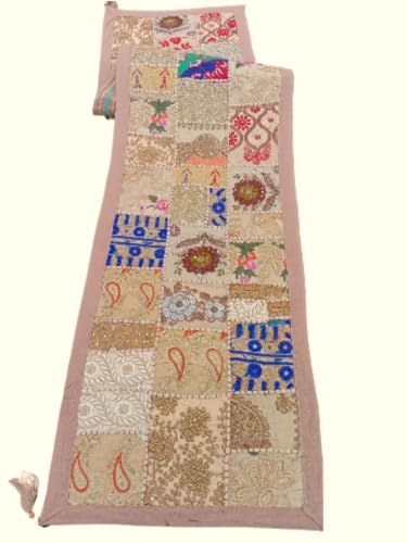 Hochwertiger indischer handgefertigter Vintage-Patchwork-Tischläufer mit Quasten, Bohemian-Stil, Wandbehang, buntes Baumwoll-Tischset für Esstisch (Hellbraun, 35,6 x 152,4 cm)