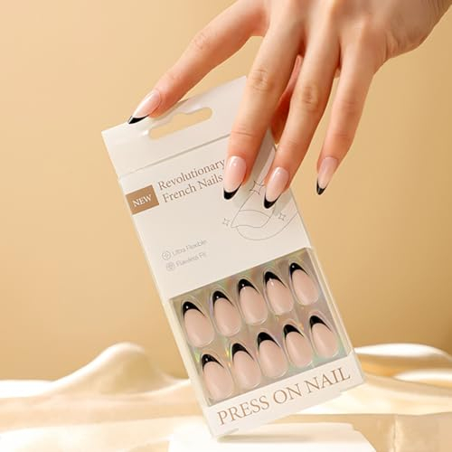 30 PCS Black French Tip Press on Nails Glossy Almond Fake Nails Medium Nude False Nails Full Cover Stick on Nails for Women and Girls Daily Wear