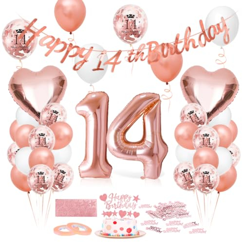 Luftballon 14. Geburtstag Roségold - Deko Set Mit Riesen Folienballon Zahl 14, Happy Birthday Ballon Für Frauen
