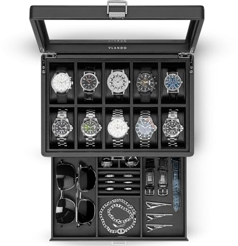 Vlando Boîte à montres pour homme avec 10 montres, support verrouillable, 2 niveaux, couvercle en verre trempé, boîte à montres avec tiroir, boîte à montres, rangement de bijoux