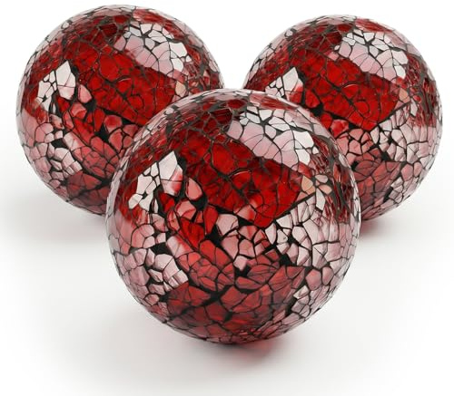 DomeStar 3PCS Glass Decorative Balls for Bowls, 3 Inch Dark Red Orbs | Decorative Balls for Centerpiece Bowls, Dining Table Decor, Mosaic Sphere Home Decoration