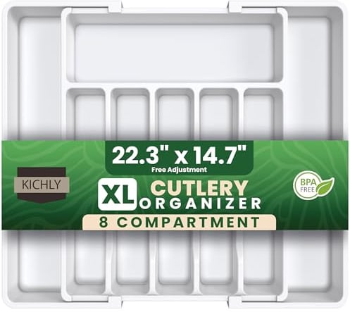 KICHLY Cutlery and Kitchen cutlery drawer organiser Expandable 8 Compartment for Kitchen, Multipurpose Large cutlery Tray and Spoon Holder, Adjustable Silverware Plastic Organizer, (White)