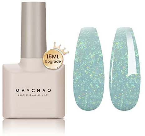 MAYCHAO Glitter Gel Nail Polish, 15ML Mermaid Green Gel Polish, Soak Off UV LED Green Glitter Nail Polish Nail Art Starter Manicure Salon DIY at Home, 0.5 OZ