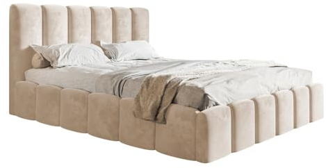 Emporius Doppelbett 160x200 cm Palermo - Hersteller, Design Bett - Polsterbett mit Lattenrost, Kopfteil, Bettkasten - Velvet Stoff (Beige - Amor Velvet 4304)