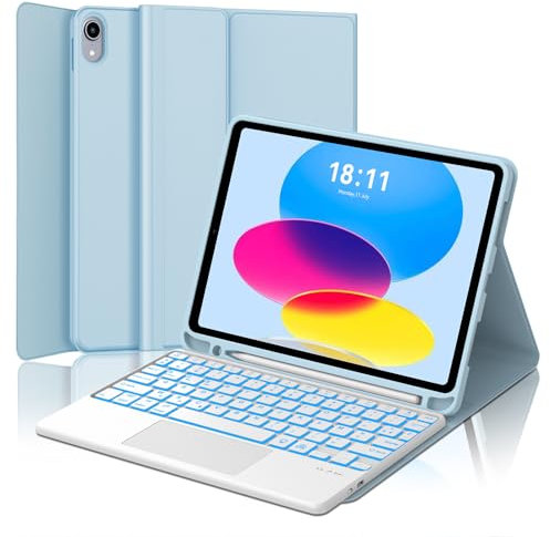 JADEMALL Tastiera con Trackpad per iPad A16 11 Generazione 2025/10 Generazione 10.9, Italiano QWERTY Tastiera Retroilluminata Bluetooth con Touchpad per iPad 10/11 Generazione, Cielo blu