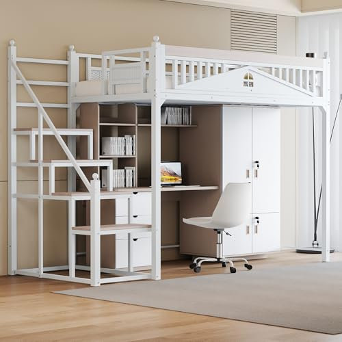 YESGIGA Metall-Hochbett 90 x 200cm, Metall-Sicherheitszaun mit Holzsprossen, Mit Metallkugel und Fensterdesign, Steigleiter von Links nach rechts austauschbar (Weiß, Steigleiter ohne Spind)