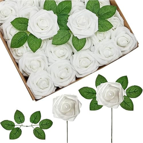 LoNinLoAn Lot de 25 roses artificielles en soie, boîte à bouquet, fleurs artificielles blanches en soie, roses artificielles en mousse pour maison, table, bureau, fête, mariage, arrangements de jardin