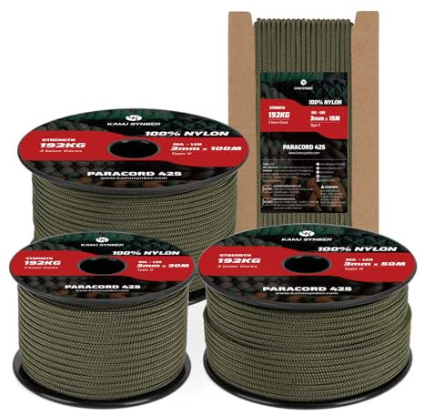 Kamu Synber 425 Paracord 3mm x 15m Corda Nylon 100% Tipo II 3 Fili Corda Paracadute Resistente per Sopravvivenza, Esterno, Fatto a Mano | Supporto 192kg | Verde Militare