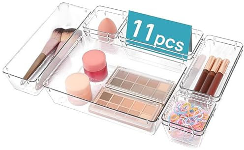 Amusingtao 11 Pcs Clear Plastic Drawer Organizer, Kitchen Drawers Organisers, 4 Size Versatile Bathroom and Vanity Drawer Organizer Trays for Makeup, Bedroom, Kitchen Gadgets Utensils and Office