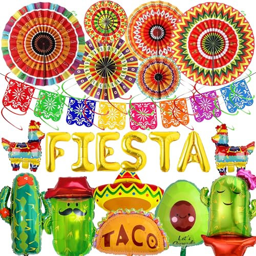 Mexican Party Decorations Fiesta Banner - 33 Pcs Balloons Multicoloured Papar Fans Cactus Mexican Hat Burrito Hanging Swirls For Fiesta Theme Cinco De Mayo Coco Carnivals Festivals Birthday Party