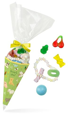Zuckertüte mit süßen Tieren – kleine Geschenk-Tüte für Kinder gefüllt mit Süßigkeiten-Mix, Geschenk zur Einschulung & Kindergeburtstag, Mitgebsel & Schultüten für Jungen & Mädchen