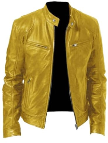Chiodo Pelle Uomo,Giacca Da Motociclista Vintage In Similpelle A Maniche Lunghe con Collo Alto E Cerniera, Cappotto Di Transizione, Semplice Bomber per Primavera Estate, Viaggi All'Aperto, Giallo L