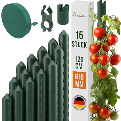 TTL GARDEN Rankstäbe 15er Set 120cm x 16mm Ø grün - extra stabil & rostfrei | 16mm Rankhilfe Pflanzstäbe + Klettband + Clips Stahl kunststoffbeschichtet Pflanzenstütze Blumenstütze Tomaten Paprika Blumen