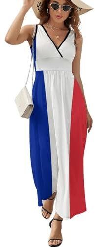 GONMFKM Robe Longue Décontractée Grande Taille pour Femme Basique sans Manches Imprimé Drapeau National De La France Longue Style Débardeur Robe Trapèze Col en V pour La Plage Été