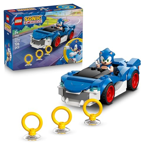 LEGO Sonic the Hedgehog: Sonic Speedster Lightning - Race Car Toy w/a Minifigure, Chaos Emerald & 3 Gold Rings - Gaming Gift for 7+ Year Old Boys & Girls - 77117
