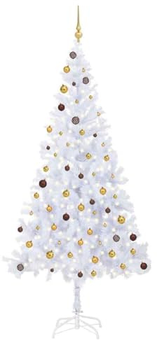 Albero di Natale artificiale, 210 cm, bianco, 910 rami, con 300 luci LED, con palline e punta, decorazione per interni