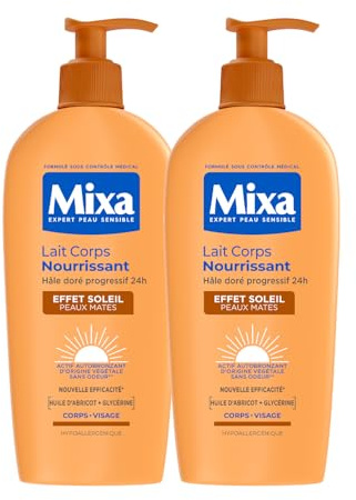 Mixa Autobronzant Effet Soleil Peau Mate Bronzage Naturel Lot de 2x250ml | Lait corps nourrissant, Hâle progressif et uniforme, Formule non collante, Actif autobronzant d'origine végétale