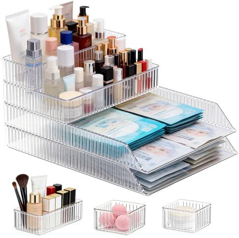 7 PCS Clear Drawer Organizers Bins, 5-Size Stackable Drawer Organizer Trays, Multipurpose Bedroom and Vanity Makeup Storage Containers, Plastic Storage Divider Bins for Makeup Bedroom, Kitchen, Office