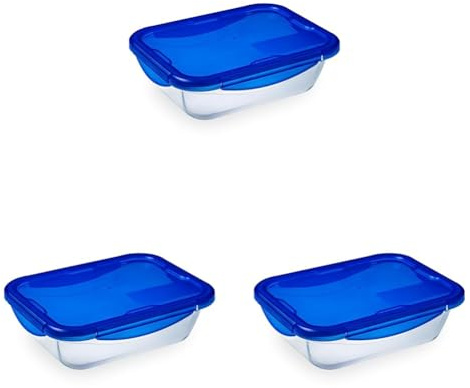 Pyrex - Cook & go - Boîte Rectangulaire en Verre avec Couvercle Hermétique et Étanche Ø 20 cm - Cuisinez au Four, Conservez et Emportez (Lot de 3)