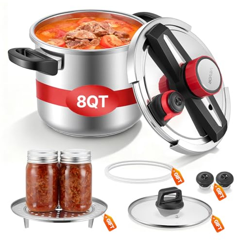 VEVOR Pressure Cooker, 8Qt Pressure Cooker Stainless Steel, Pressures Canner with Steaming Rack, Tempered Glass Lid, Three Pressures Settings for Meat, Beans, Rice, Soup, Sauces, Cook up to 100 kPa