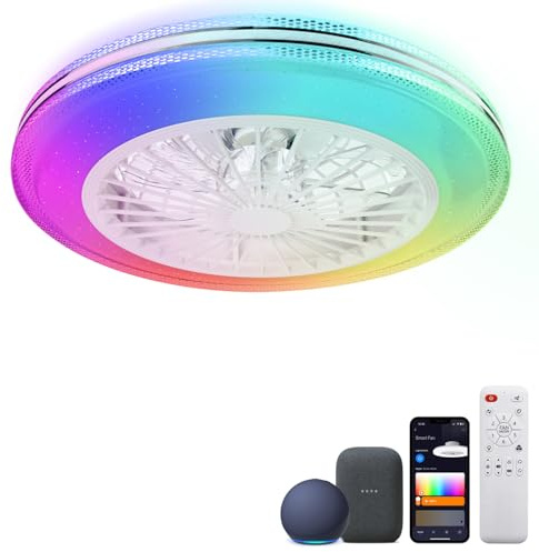 WUTGHUI RGB Ceiling Fans with Lights 20 Fandelier Low Profile Smart Ceiling Fan with Light, Flush Mount Ceiling Fan Light with Remote/APP/Alexa/Google Home