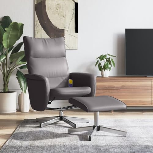 QUAHEAS Massagesessel mit Fußhocker, Grau Kunstleder, 6-Punkt-Vibration, 360° Drehbar, Verstellbare Rückenlehne für Wohnzimmer und Schlafzimmer, Bequemer Relaxsessel