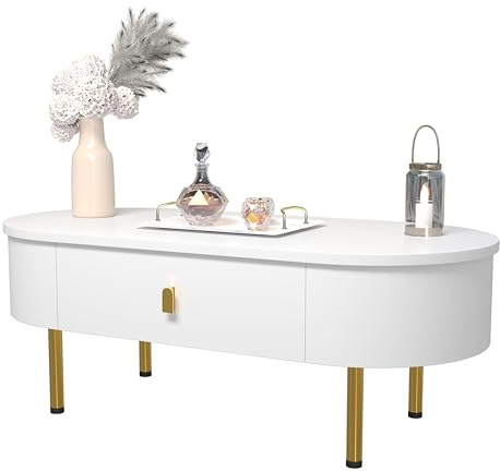 HaoChrymec Table Basse avec Deux Tiroirs, Poignées Et Pieds Dorés, Coins Arrondis, Design Moderne, Blanc