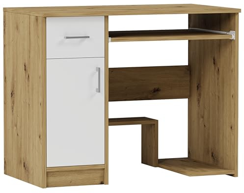 Framire Schreibtisch N-10 Artisan Eiche/Weiß 90x50x73 cm – Kleiner Computertisch mit 1 Schublade, Schreibtisch für Schlafzimmer, Wohnzimmer & Studio, Modern N-10