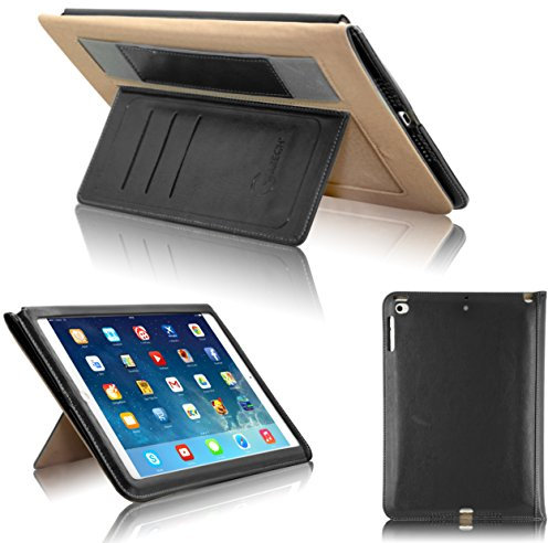 Gorilla Tech® Étui en cuir pour Apple iPad Air et iPad Air 2 avec dragonne intégrée, emplacements pour cartes et fonction de mise en veille et réveil Noir
