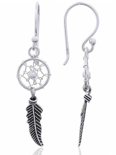 MadamLili - Traumfänger Ohrringe Silber - Hängend mit Feder - 925 Sterlingsilber - Ohrhänger Indianer Schamane Symbol Tribalschmuck - Handgefertigt - Exklusive Schmuckbox