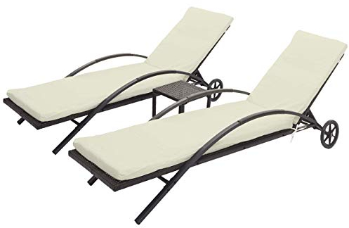 Mendler 2er-Set Sonnenliege HWC-E27, Relaxliege Gartenliege, Poly-Rattan - braun, Kissen Creme-beige