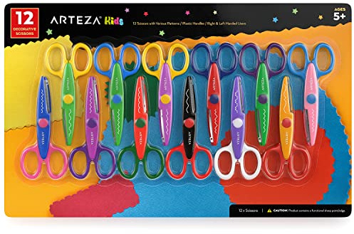 Arteza Kids Decorative Scissors, Set of 12, 5.5 Inches, Craft Scissors with Different Patterns, School Supplies for Teachers and Students