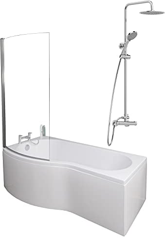 1700 x 900mm Left Hand P-Shaped Curved Shower Bath Bathroom Bathtub Glass Shower Screen Front Panel & Thermostatic Mixer Shower Set Handheld Chrome Round Rainfall Head