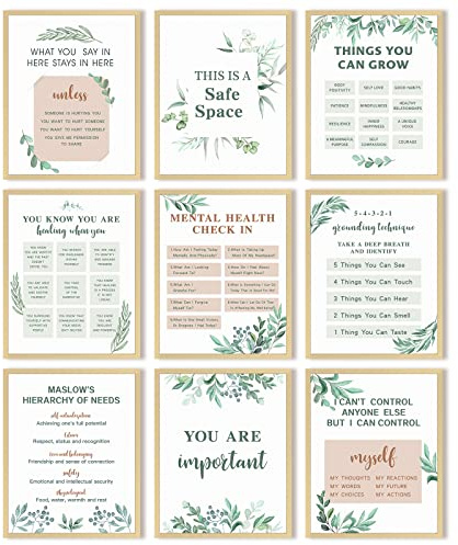 9 Stück psychische Gesundheit Poster Angsttherapie Motivierendes Poster Psychologe Berater inspirierende Poster positive Zitate Wanddekoration Klassenzimmer für Zuhause Büro, 20.3x25.4 cm (Blattstil)