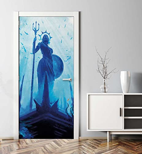 MyMaxxi - Tür bekleben mit Türtapete Selbstklebend 90x200 Atlantis - Tür verschönern Türfolie - Türaufkleber - Türposter Türklebefolie Versunken Statue Fische blau