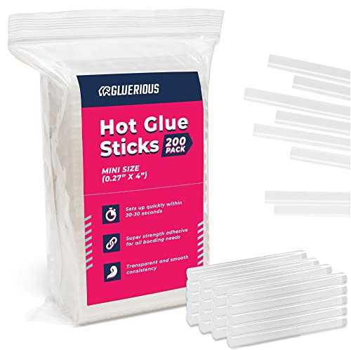 Gluerious Mini Hot Glue Sticks for Glue Gun, 200pcs Bulk Pack 4 Long x .27 Diameter Small Size, Multi Temp for Arts Crafts DIY Fabric & More.